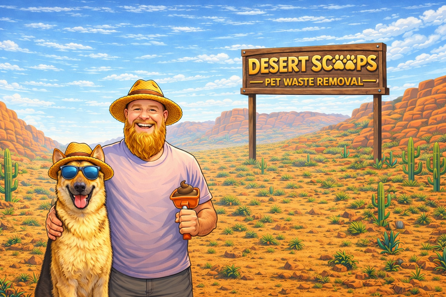 Desert Scoops - Professional pet waste removal service featuring a friendly team member with a happy dog in the Arizona desert